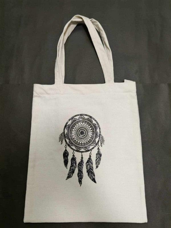 Handmade Hemp Tote Bag with Dreamcatcher Print – Eco-Friendly, Artistic, and Functional