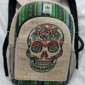 Handcrafted Hemp Backpack with Sugar Skull Embroidery – Eco-Chic with a Bold Edge