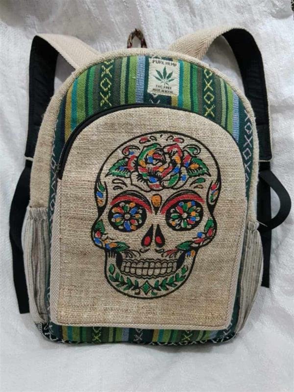 Handcrafted Hemp Backpack with Sugar Skull Embroidery – Eco-Chic with a Bold Edge