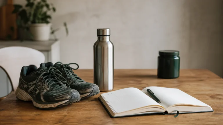 Laufschuhe, Wasserflasche und Notizblock auf einem Tisch, daneben unscharf eine verschlossene Supplementdose als Symbol für die Entscheidung vor dem Kauf.