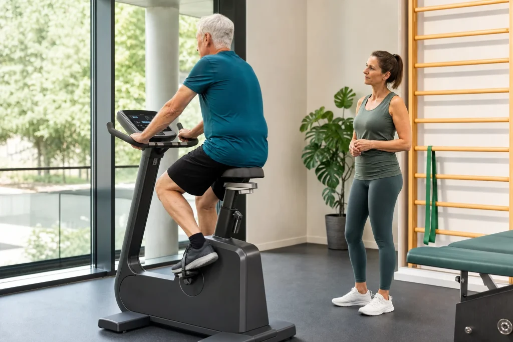 Ältere Person auf einem Ergometer in klinischer Trainingsumgebung, weil Training die NAD⁺-Bildung im Muskel steigert.